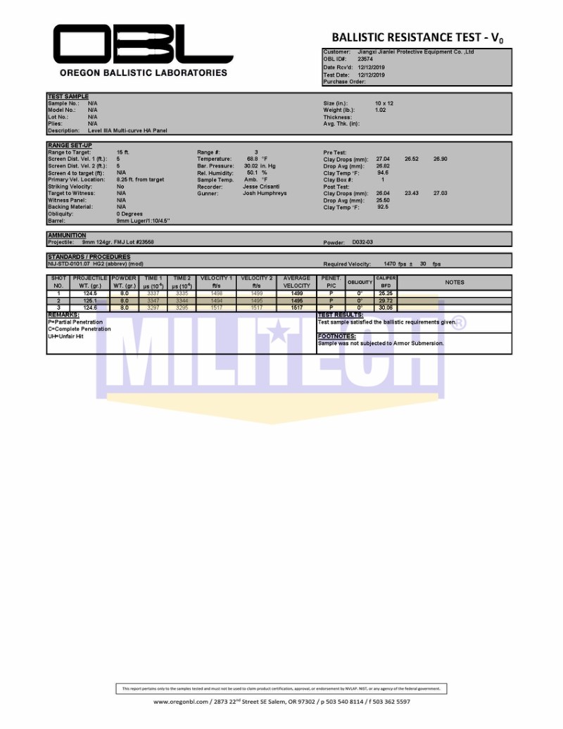 PE Ballistic Plate OBL NIJ 0101.07 HG2 Test Report 4